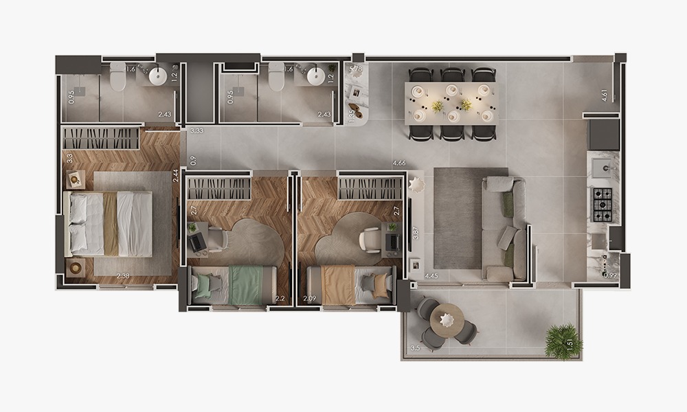Planta 68m² - 3 Dorms.